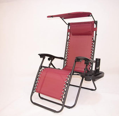 BTEXPERT Set of 2, Adjustable Steel Mesh Zero Gravity Lounge Chairs Case Outdoor Patio Recliner Beach Yard Garden with Pillow Sunshade Utility Tray Cup Holder (Red Burgundy with Canopy)