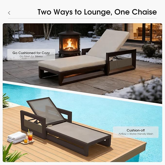 PURPLE LEAF Outdoor Chaise Lounge Set of 2 Reclining 2 in 1 Design Lounger Chair with Cushion Deluxe Aluminum Oversize Pool Lounge Chairs with Armrests & Backrest for Patio Poolside Backyard, Bronze