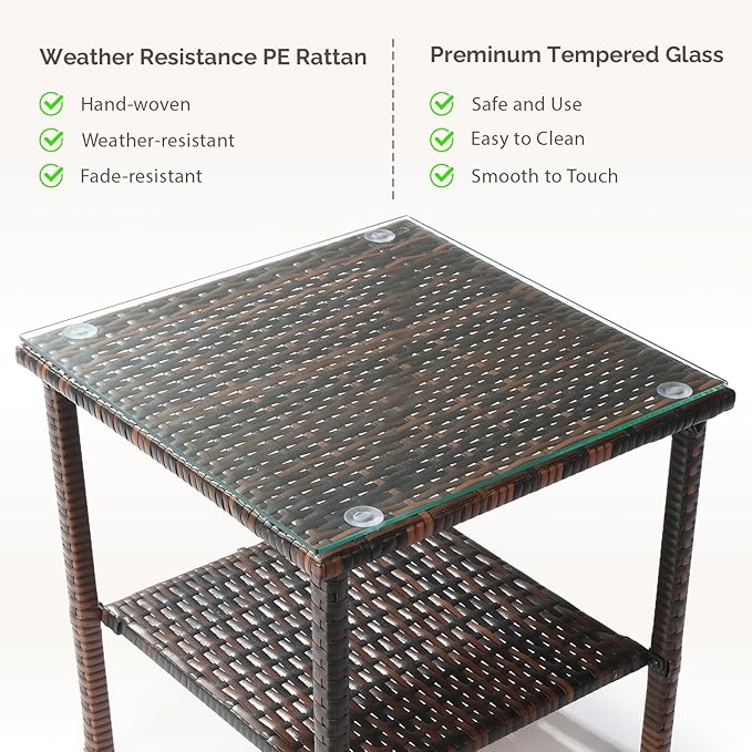 Outdoor Wicker Side Table,2-Layer Patio Rattan Garden Coffee End Square Table with Glass Top (Brown)