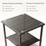 Outdoor Wicker Side Table,2-Layer Patio Rattan Garden Coffee End Square Table with Glass Top (Brown) - Photo 6