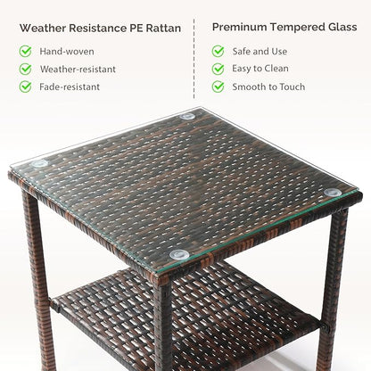 Outdoor Wicker Side Table,2-Layer Patio Rattan Garden Coffee End Square Table with Glass Top (Brown)
