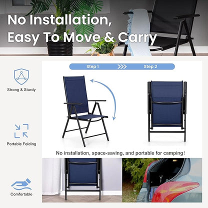 PHI VILLA Outdoor Patio Folding Chairs Set of 6, Portable Patio Dining Chairs with Adjustable Backrest for Outside, Garden, Lawn & Yard, No Assembly, Blue