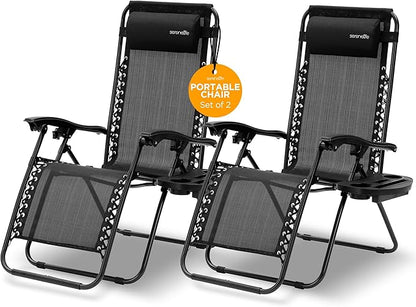 SereneLife Zero Gravity Outdoor Lounge Chairs 2 Pack – Folding Recliners with Side Table, Cup Holder & Padded Headrest – Adjustable Patio Chairs for Lawn, Garden, Deck, Camping (Black)