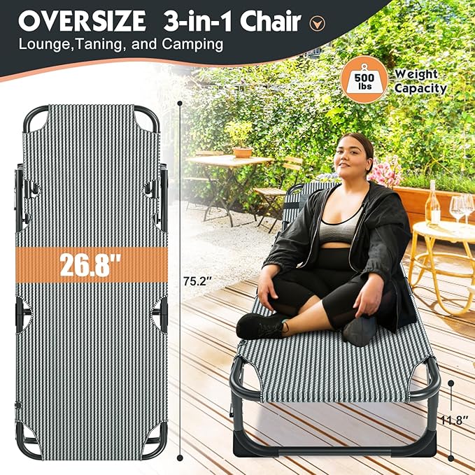 MOPHOTO Folding Lounge Chair 5-Position, Folding Cot, Portable Outdoor Chaise Lounge Chair for Sun Tanning, Perfect for Pool Beach Patio Sunbathing