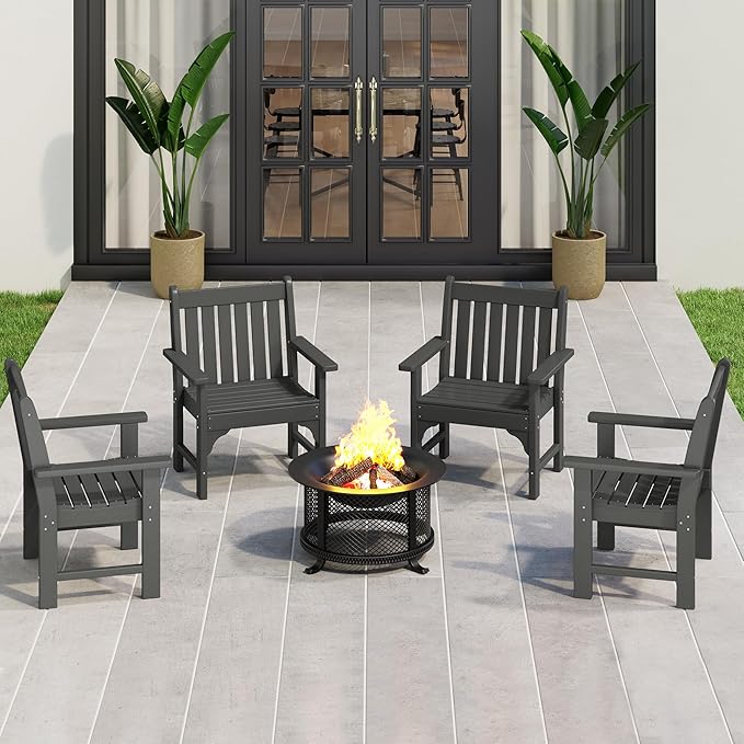 Costaelm Outdoor Dining Arm Chair, Patio HDPE Garden Dining Table Chair, Poly Lumber Waterproof Restaurant Bistro Farmhouse Chairs for Outside Porch Backyard, Gray