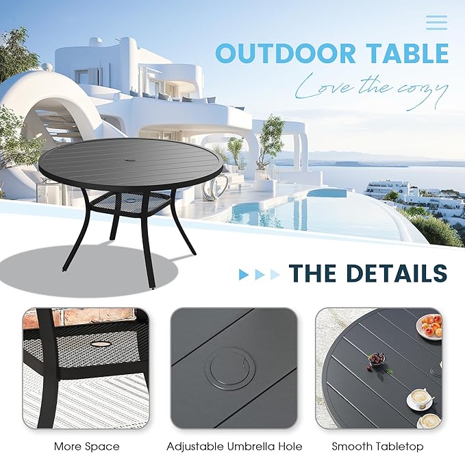 Patio Dining Table for 4-6, Round Metal Outdoor Table with 1.57" Umbrella Hole, 47" Outdoor Slat Tabletop Dining Table for Backyard, Porch, Lawn, Black