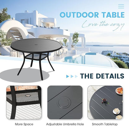 Patio Dining Table for 4-6, Round Metal Outdoor Table with 1.57" Umbrella Hole, 47" Outdoor Slat Tabletop Dining Table for Backyard, Porch, Lawn, Black