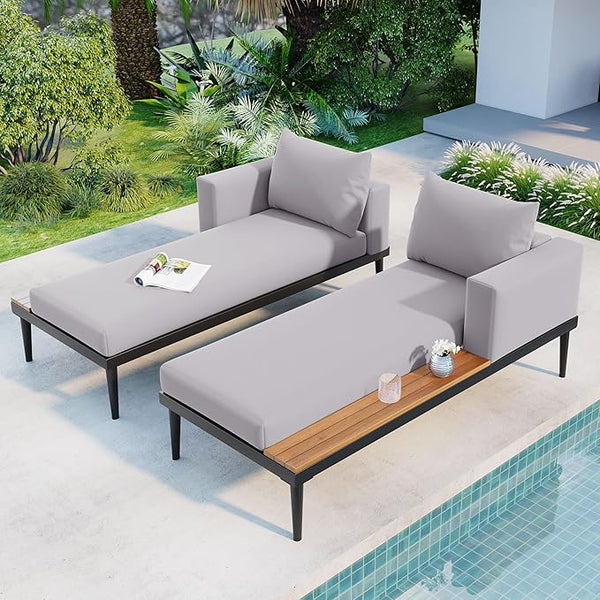 2 in 1 Outdoor Padded Chaise Lounges, Patio Metal Daybed with Wood Topped Side Spaces for Drinks - Photo 1