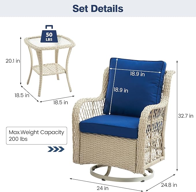 GAOMON 3 Piece Outdoor Patio Set, Wicker Rocking Bistro Set with 2 Swivel Chairs & Tempered Glass Top Table - Photo 2
