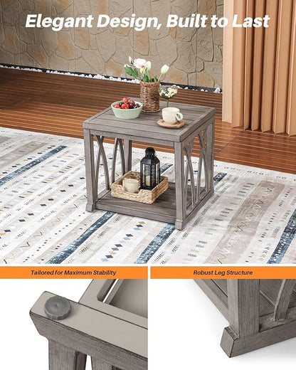 Aluminum Outdoor Side Table, 20.3" Square Patio End Table with Double-Layer Storage Design, Modern Waterproof Patio Side Tables with Adjustable Feet for Balcony, Deck, Porch, Limed Oak