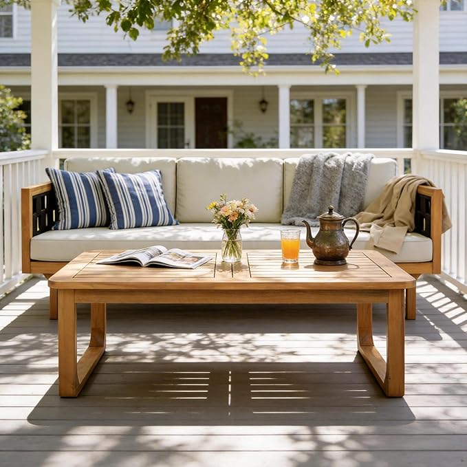Merax Acacia Wood Outdoor Patio Furniture Set, 3-Seats Outdoor Daybed Sofa with Rectangular Coffee Table - Photo 3