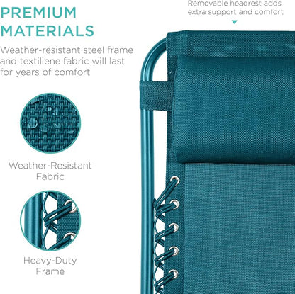 Best Choice Products Set of 2 Adjustable Steel Mesh Zero Gravity Lounge Chair Recliners w/Pillows and Cup Holder Trays - Peacock