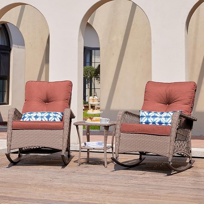 UDPATIO 3 Piece Patio Furniture Set, Wicker Rocking Bistro Set with 2 Rockers, 1 Side Table and 4‘’ Thick Cushions for Backyard, Porch, Balcony, Poolside, Brown/Dark Red