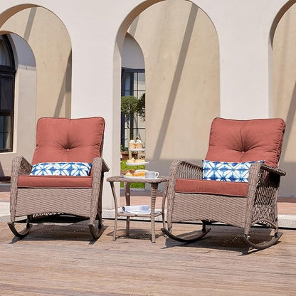 UDPATIO 3 Piece Patio Furniture Set, Wicker Rocking Bistro Set with 2 Rockers, 1 Side Table and 4‘’ Thick Cushions for Backyard, Porch, Balcony, Poolside, Brown/Dark Red