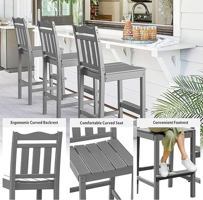 nalone Outdoor Bar Stool, HDPE Tall Adirondack Chair Bar Chair, Weather Resistance Bar Height Chairs for Balcony, Garden, Yard, Backyard (Grey, Bar Chair)