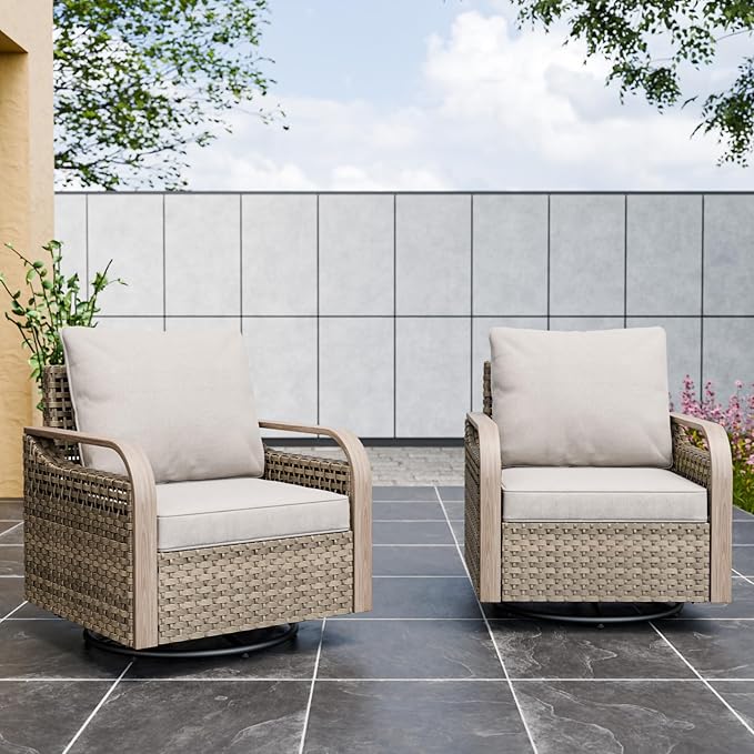 Modern Wicker Outdoor Swivel Rocking Chairs, Rattan Glider Rocker Chairs Patio Armchairs for Backyard, Deck, Porch, Garden, 2 Pieces, Brown/Gray