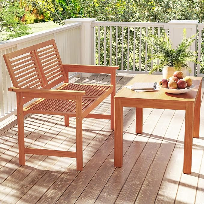 Tangkula Outdoor Wood Bench, 2-Person Heavy Duty Patio Loveseat Chair with Slatted Backrest and Seat, Outisde Wooden Bench for Front Porch, Lawn, Park and Backyard