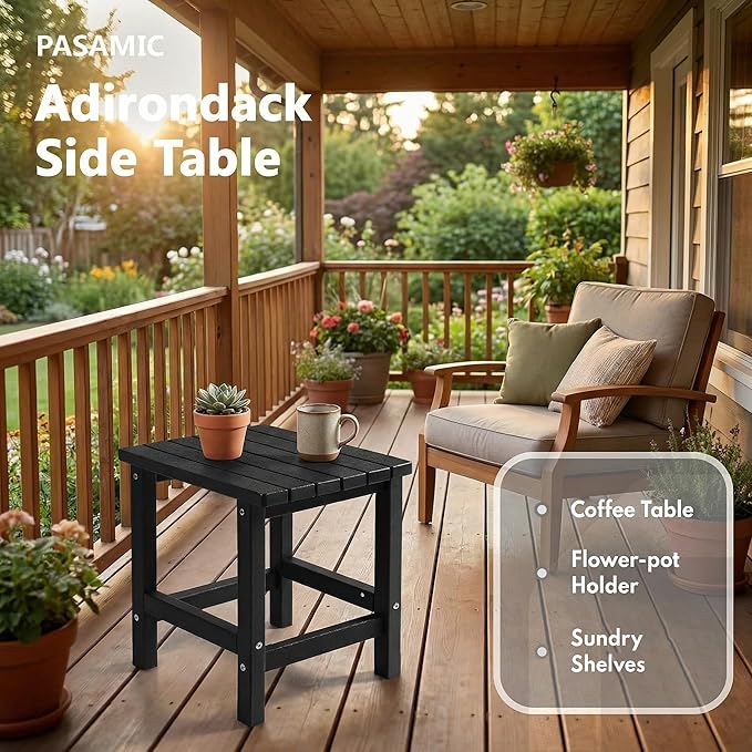 PASAMIC Adirondack Square Outdoor Side Table, HDPE Small Outdoor Table, Patio End Table for Patio, Pool, Backyard, Weather-Resistant, Easy Maintenance (Black)