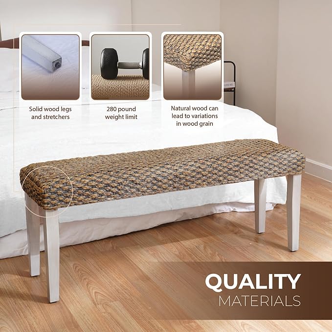 Solid Wood Acacia Indoor Bench with Natural Woven Seat, Wood Bench for Living Room or Entryway, Vintage Bench (Fishbone Style, Water Hyacinth) (Plait Style - Grey Leg, Water Hyacinth)