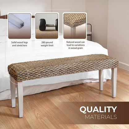 Solid Wood Acacia Indoor Bench with Natural Woven Seat, Wood Bench for Living Room or Entryway, Vintage Bench (Fishbone Style, Water Hyacinth) (Plait Style - Grey Leg, Water Hyacinth)
