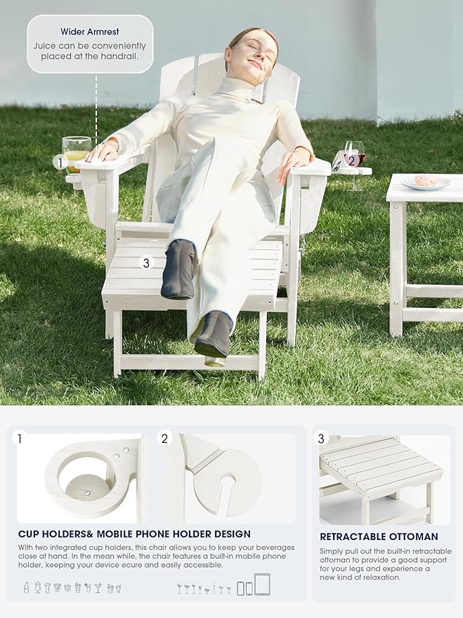 KINGYES Folding Adjustable Adirondack Chair with Ottoman & 2 Cup Holders Set of 4, HDPE Adirondack Recliner Chair with Footrest, White