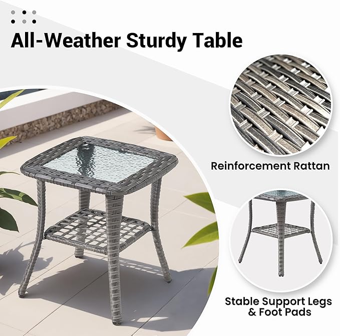 ovios Outdoor Side Table with Tempered Glass Top, Patio Wicker Rattan 2-Tier Storage Coffee End Tables for Porch Deck Balcony Garden Poolside (Grey-Small Size)