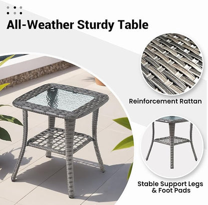 ovios Outdoor Side Table with Tempered Glass Top, Patio Wicker Rattan 2-Tier Storage Coffee End Tables for Porch Deck Balcony Garden Poolside (Grey-Small Size)