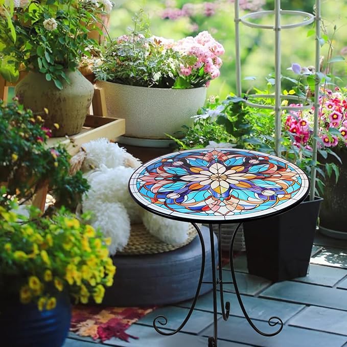 Mosaic Side Table Outdoor, 18 Inch Metal Accent Table, Indoor Small Round End Tables, Plant Stand Tables for Patio Yard Balcony Garden Bedside