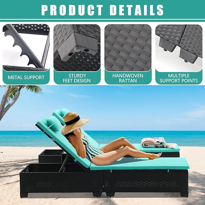 3 PCS Patio Chaise Lounge with Coffee Table Cushion&Pillow Outdoor Lounge Chair Chaise Lounger Patio Reclining Chair 5 Angle Adjustment Black PE Rattan for Courtyards Poolside Garden (Green)