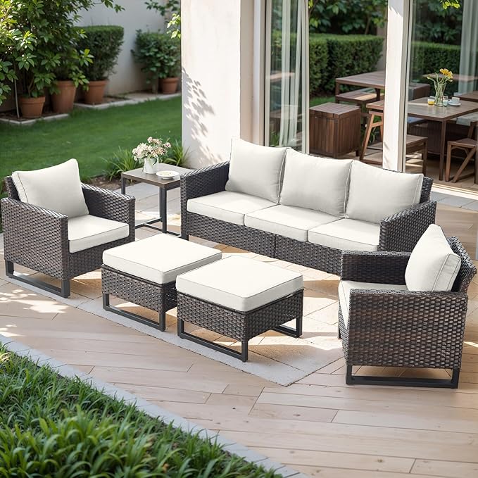 Rilyson Wicker Outdoor Patio Furniture Set - 6 Piece Patio Conversation Set with 2 Armrest Chairs, 2 Rattan Ottoman - Photo 1