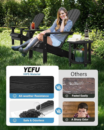YEFU 3-Piece Adirondack Chair and Table Set: Outdoor Lounge Furniture Set - Outdoor Chair Plastic Weather Resistant with Wide Armrests for Patio Lawn Pool Porch Garden(Black