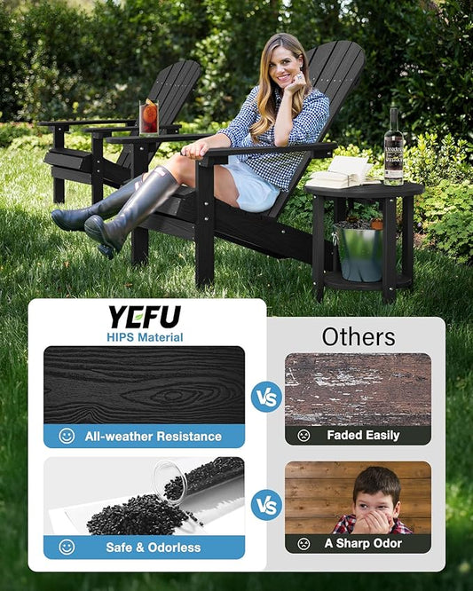 YEFU 3-Piece Adirondack Chair and Table Set: Outdoor Lounge Furniture Set - Outdoor Chair Plastic Weather Resistant with Wide Armrests for Patio Lawn Pool Porch Garden(Black