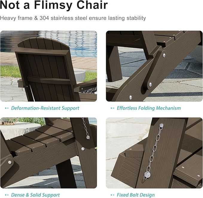 HDPE Foldable Adirondack Outdoor Chair Set of 4 with Cup Holder, Weather Resistant Heavy-Duty Patio Chair for Patio, Backyard, Deck, Fire Pit, Lawn and Porch, Brown