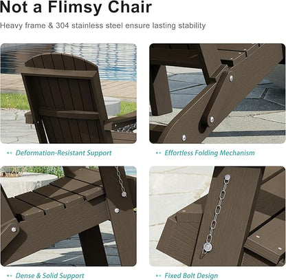 HDPE Foldable Adirondack Outdoor Chair Set of 4 with Cup Holder, Weather Resistant Heavy-Duty Patio Chair for Patio, Backyard, Deck, Fire Pit, Lawn and Porch, Brown