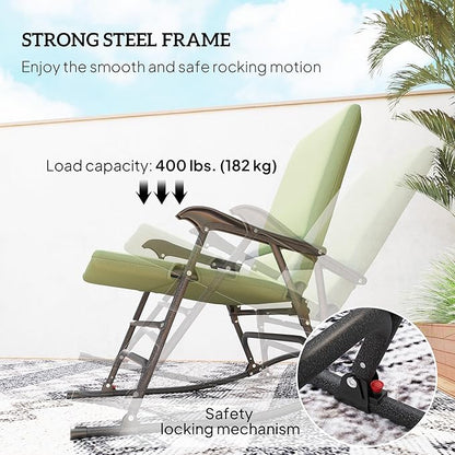 Outsunny Folding Outdoor Rocking Chairs Set of 2, Oversized Outdoor Rocking Camping Chair with 400 lbs. Capacity, Wide Seat, Padded High Back for Patio, Porch, Garden, Dark Green