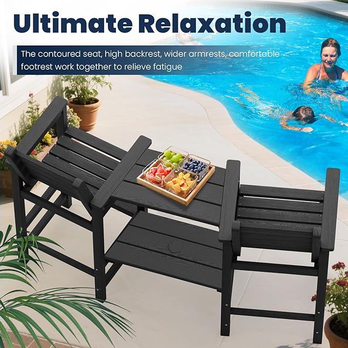 PLUUV Tall Adirondack Chairs Set of 2, All Weather HDPE Poly Bar Height Balcony Adirondack Chair with Removable Double Connecting Trays, Outdoor Adirondack Barstools for Deck, Patio, Yard, Pool, Lawn