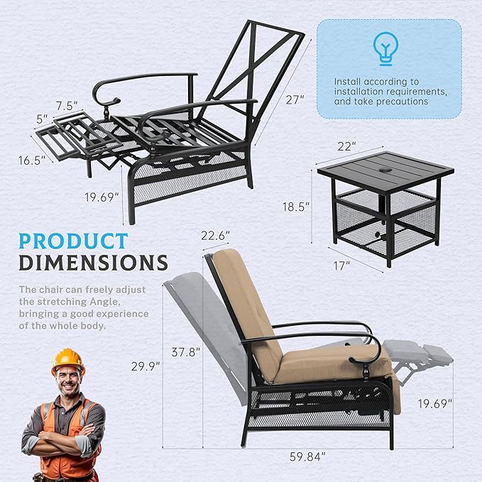 Incbruce 3 Pieces Outdoor Lounge Recliner Set, 2 Adjustable Metal Recliner Sofa Chair and Umbrella Stand Side Square Table Suitable for Garden, Pool, Yard (Brown)