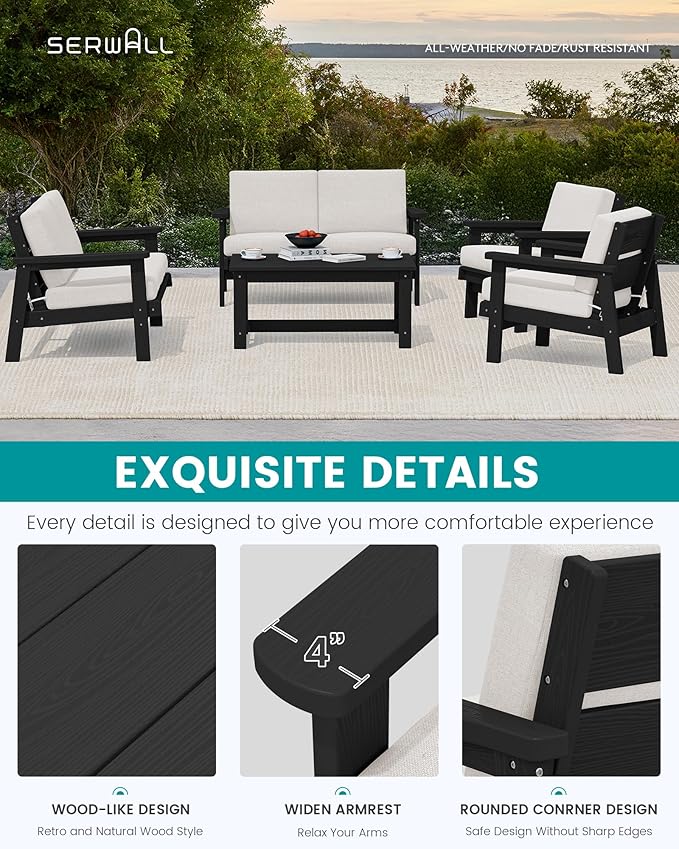 SERWALL HDPE Patio Furniture Set, 5 Piece All Weather Wood-Like Sectional Outdoor Furniture Set - Photo 4