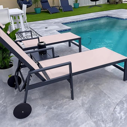 PURPLE LEAF 2 Pieces Outdoor Chaise Lounge Aluminum Patio Lounge Chair with Wheels and Armrests Outdoor Lounge Recliner Chair for Pool Backyard Beach Beige