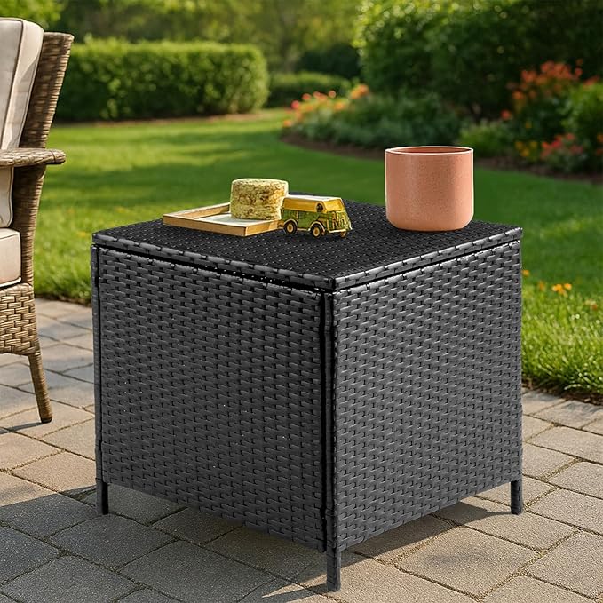 Outvita Outdoor Side Table, Rattan Coffee Table with Storage 27 Gallon Patio Small Deck Storage Box for Cushion Towel - Photo 2