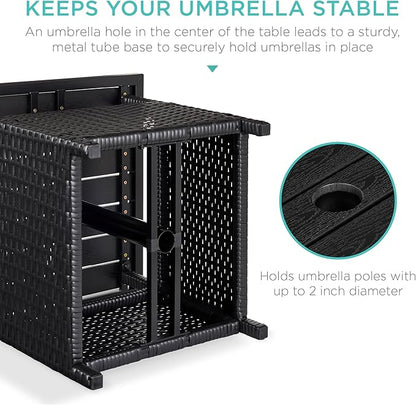 Best Choice Products Wicker Side Table with Umbrella Hole, Square PE Rattan Outdoor End Table for Patio, Garden, Poolside, Deck w/UV-Resistant Frame, Storage Space - Black