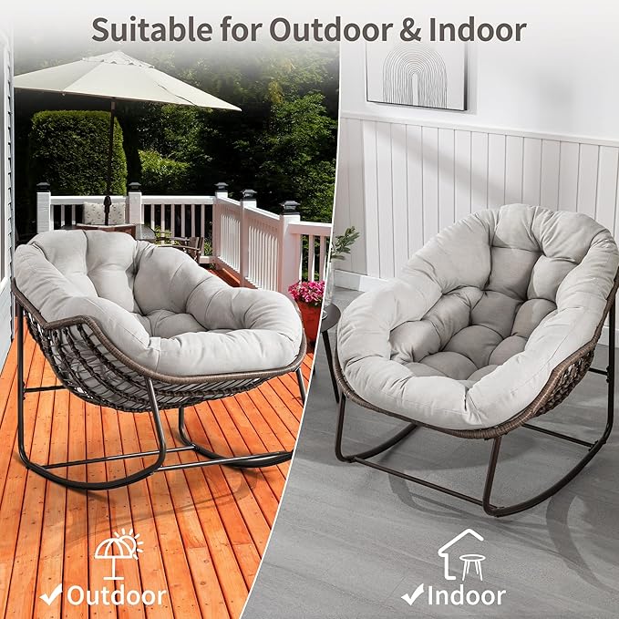 HOMEFUN Outdoor Patio Rocking Chairs Set of 2, Oversized Papasan Rock Chair Indoor with Padded Cushion - Rocker Egg Seat for Front Porch, Garden, Backyard Beige