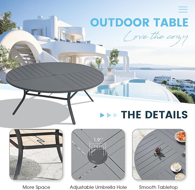 Patio Dining Table for 8-10, Round Metal Outdoor Table with Storage Shelf, 1.57" Umbrella Hole, 63" Outdoor Quartered Tabletop Dining Table for Backyard, Porch, Lawn, Dark Grey