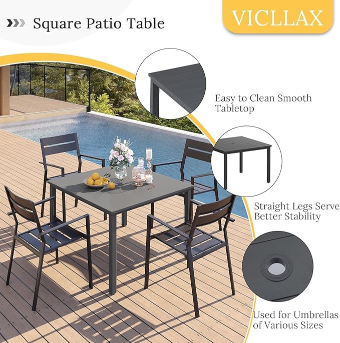 VICLLAX 40.2" Square Patio Table for 4, Outdoor Dining Table with Umbrella Hole, All Weather Metal Patio Table for Lawn Garden, Grey Tabletop