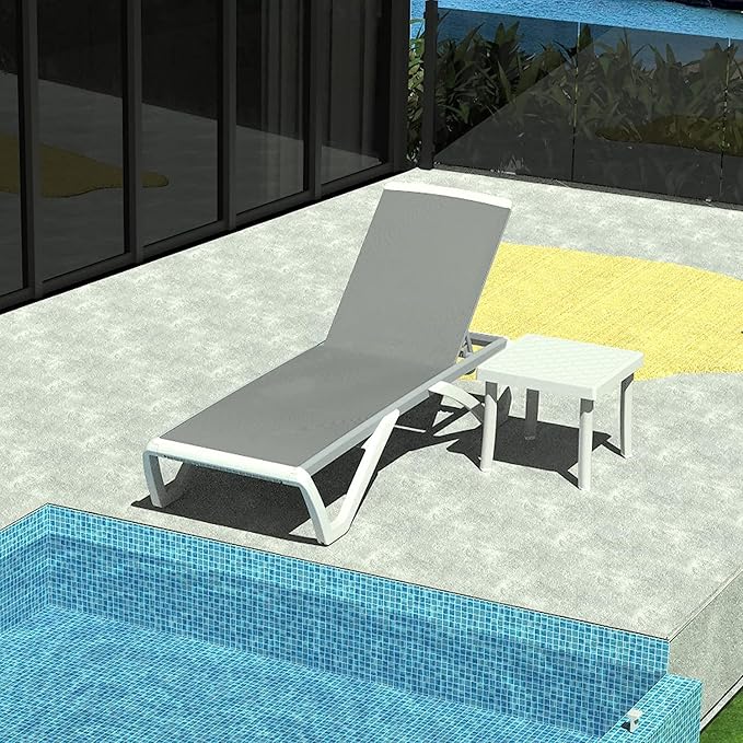 Domi Outdoor Lounge Chair, Aluminum Patio Chaise Lounge with 5 Position Adjustable Backrest and Wheels, All Weather Reclining Chair with Side Table for Patio, Yard,Balcony,Poolside (Grey)
