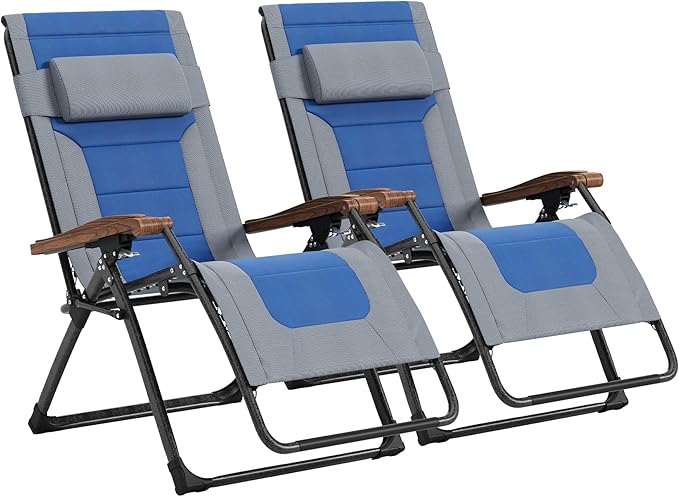 PURPLE LEAF Oversized Outdoor Reclining Chair Set of 2 Patio Zero Gravity Chaise Lounge Folding Chair with Quilted Cushion Adjustable Headrest for Lawn Camping Beach Pool Grey and Navy Blue