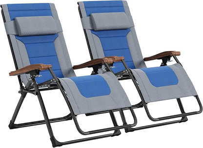 PURPLE LEAF Oversized Outdoor Reclining Chair Set of 2 Patio Zero Gravity Chaise Lounge Folding Chair with Quilted Cushion Adjustable Headrest for Lawn Camping Beach Pool Grey and Navy Blue