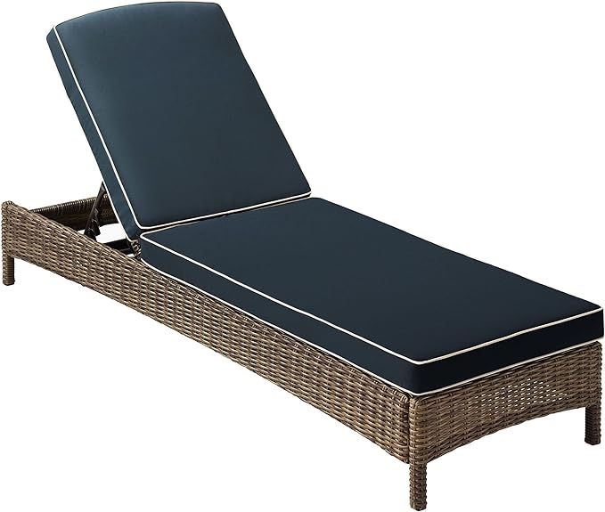 Crosley Furniture Bradenton Reclining Wicker Outdoor Chaise Lounge Chair for Patio, Deck, Backyard, Poolside, Brown with Navy Cushions