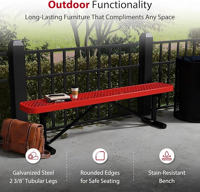 Leisure Craft Metal Outdoor Bench - 6 Foot Heavy Duty Backless Bench Seating for Garden, Porch, Picnic, Park, Expanded Metal, Thermoplastic Coating, Commercial Grade Furniture Made in USA - Red
