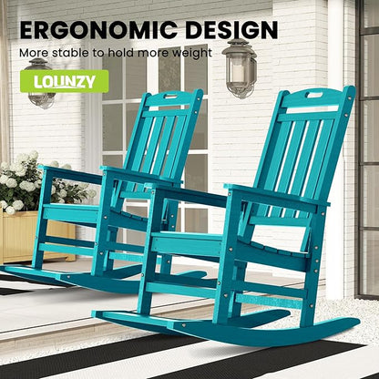 LOUNZY Outdoor Rocking Chair with Footboards Set of 2, HDPE Rocking Chair Patio Porch Rocker with 380lbs Support for Adult, Aruba